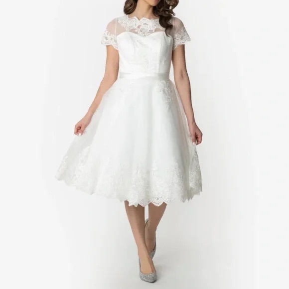 Unique Vintage Dresses & Skirts - Unique Vintage White Lace Midi Dress